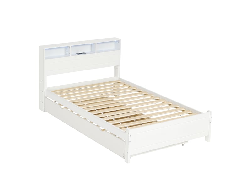  Lit gigogne 120x200 cm,lit gigogne 90x190 cm à roulettes, tête avec étagères, éclairage et recharge, pin et mdf, blanc  - Conforama A