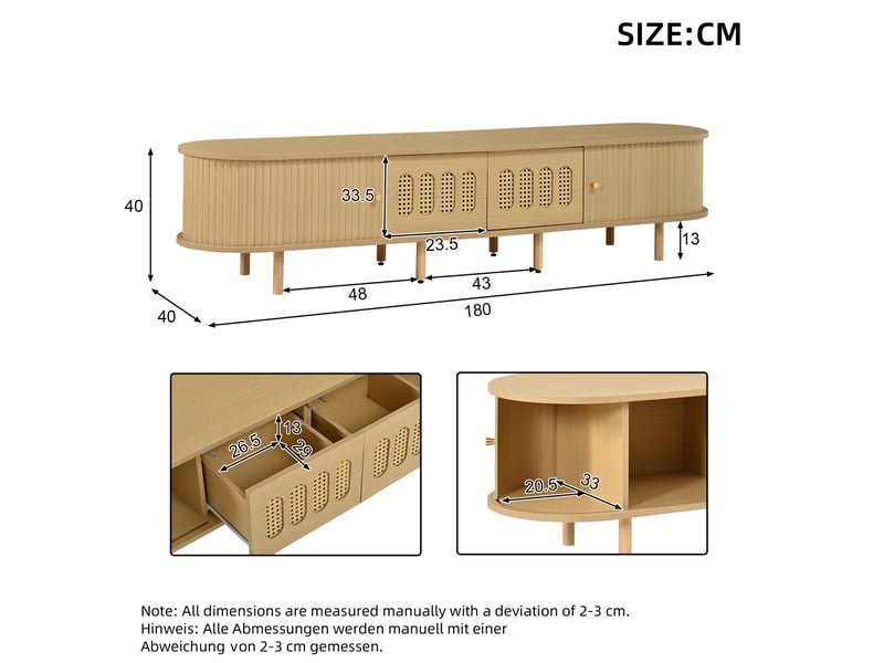  Meuble tv 180x40x40 cm avec portes et tiroirs coloris bois clair  - Conforama C