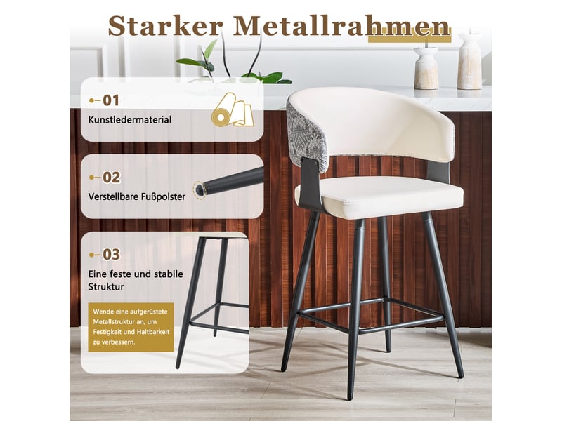  Lot de 2 tabourets de bar avec dossier ergonomique et repose-pieds, structure en métal et pu blanc  - Conforama E