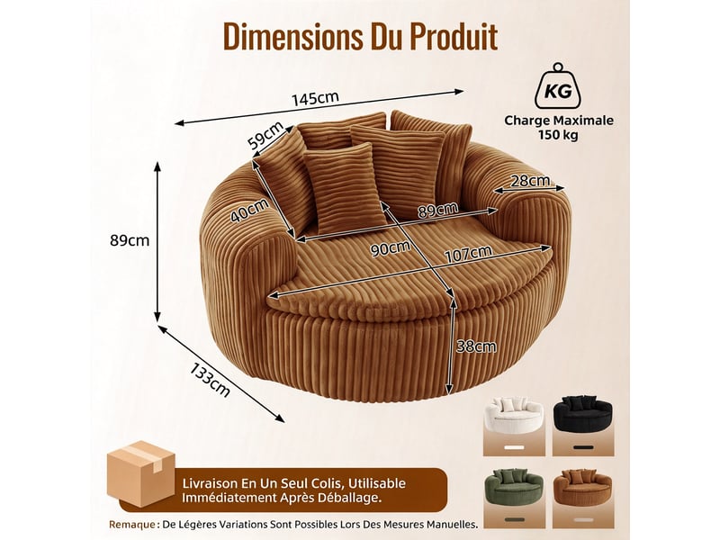  Fauteuil lounge 1 place 145 x 133 x 59 cm en velours côtelé marron, avec assise profonde, accoudoirs et 5 coussins DJ-W3463P5032758-ZMS - Conforama C