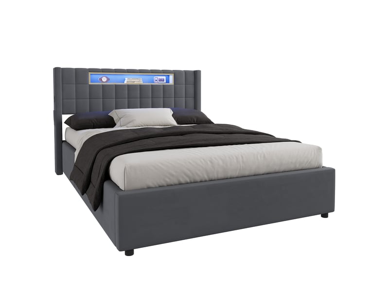  Lit coffre 140x200 cm avec led, rangement hydraulique, tête de lit avec rangement, velours gris (sans matelas)  - Conforama D