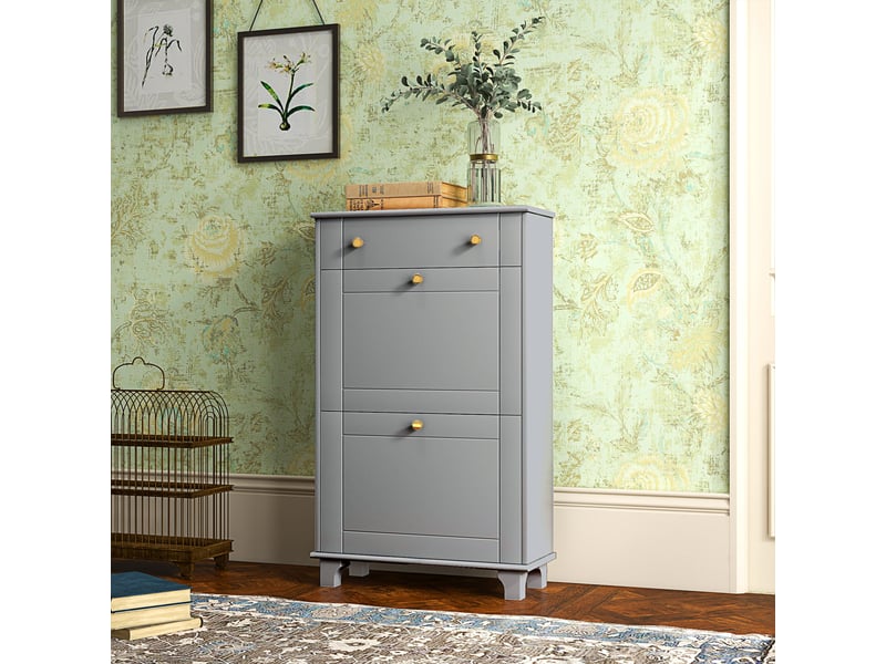  Meuble à chaussures étroit avec 2 portes abattantes et 1 tiroir pour 8 paires de chaussures 60x23,5x98,5 cm gris  - Conforama B