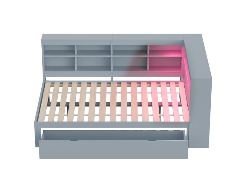  Lit enfant 140x200cm,lit avec rangement en bois massif avec lumière led,prise usb,1 grand tiroir et 10 niches,gris lit enfant gris - Conforama D