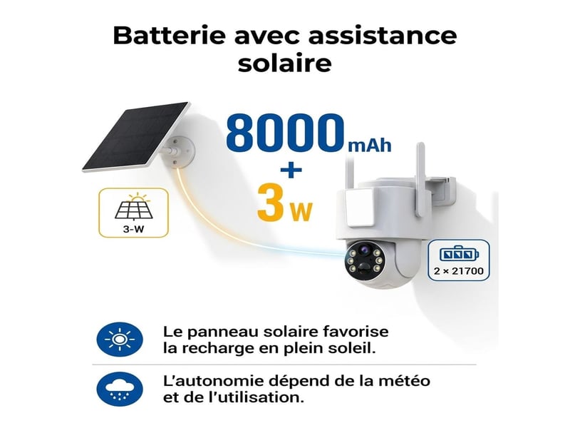  Caméra de surveillance extérieure solaire 5 mp ptz sans fil wifi – caméra ip motorisée 360° avec batterie 8000 mah, panneau solaire 3w, projecteur led et vision nocturne ip65  - Conforama C