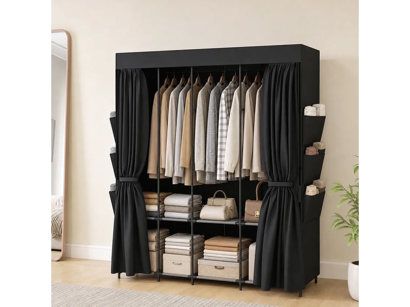  Armoire gain de place en tissu avec 3 tringles, 3 étagères, 6 poches latérales, portes anti-poussière zippées, noire  - Conforama C