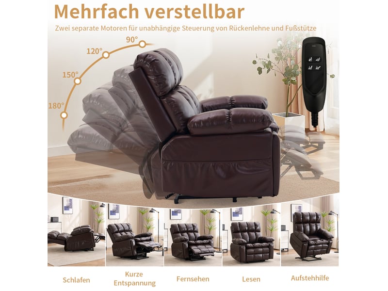  Fauteuil relax électrique 109x107x109 cm, 2 moteurs avec massage, chauffage et aide au lever, métal, marron  - Conforama C
