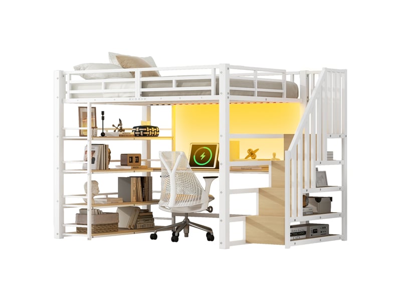  Lit mezzanine 140 × 200 cm 2 places avec bureau, led, usb et étagères, sans matelas, en métal et mdf, blanc  - Conforama A