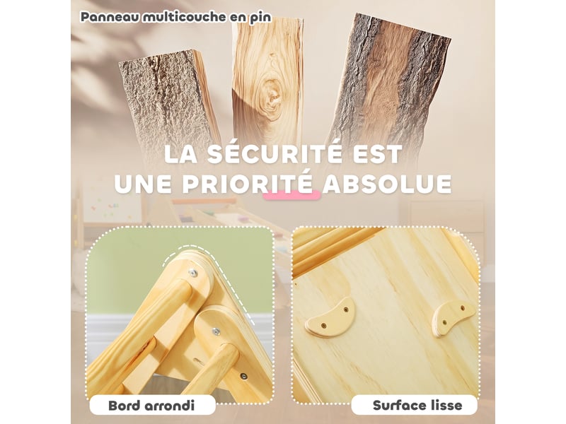  Triangle d'escalade, 3 en 1 en bois pour grimper et glisser, charge max. 50 kg, pour 18-48 mois, bois naturel  - Conforama E