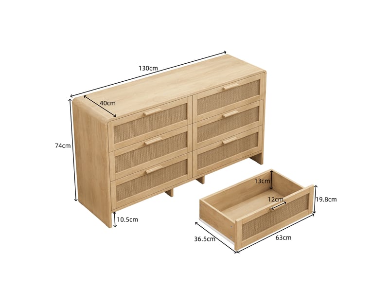  Meuble de rangement 130x40x74 cm, 6 tiroirs, armoire de rangement, commode,en mdf, couleur naturelle, coins arrondis  - Conforama C
