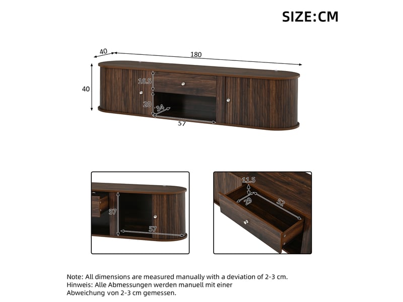  Meuble tv 180 cm pour écran jusqu’à 75 pouces, 2 portes à rideau rainurées, 1 tiroir, niche ouverte, coins arrondis, grand rangement, effet noyer  - Conforama D