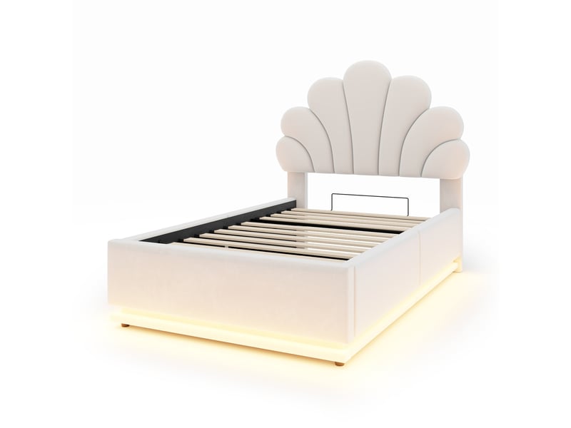 Lit coffre 90x200 cm - lit 1 place avec rangement hydraulique, tête de lit fleurie et led - cadre métal - beige - Conforama R