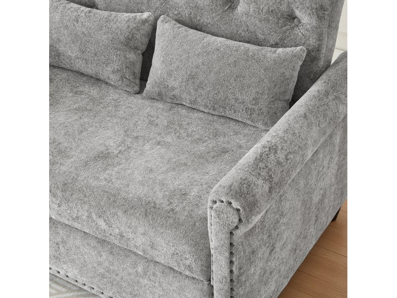  Canapé convertible 2 places 3-en-1 avec dossier réglable et lit gigogne, coussins, en chenille grise, 120 × 80 × 82 cm  - Conforama E