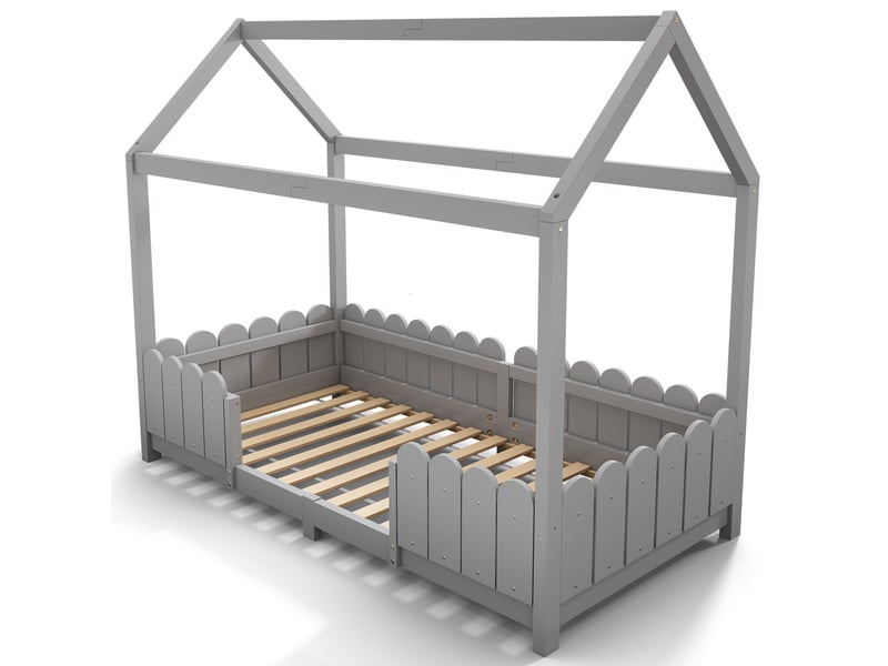  Lit cabane enfant en bois gris, 90x200 cm, avec barrière de sécurité et sommier à lattes, sans matelas  - Conforama E