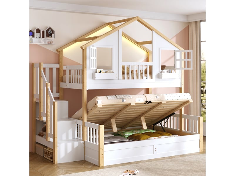 Lit superposé enfant 90x200 cm et 140x200 cm avec led lit coffre avec escalier de rangement forme de fenêtre blanc et naturel BUBBLY - Conforama C