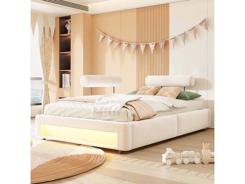  Lit enfant 140x200 cm coloris beige led velours  - Conforama D