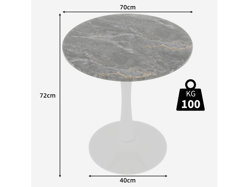  Table basse ronde 70x70x72cm style moderne du milieu du siècle, pieds hauts, marbre reconstitué, blanc et gris foncé  - Conforama C