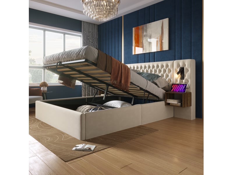  Lit coffre 180x200 cm avec 2 chevets, liseuses usb-c, beige en velours  - Conforama D