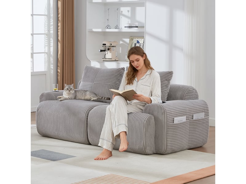  Canapé modulable, canapé de salon; gris clair, porte-gobelets, en velours tricoté  - Conforama R
