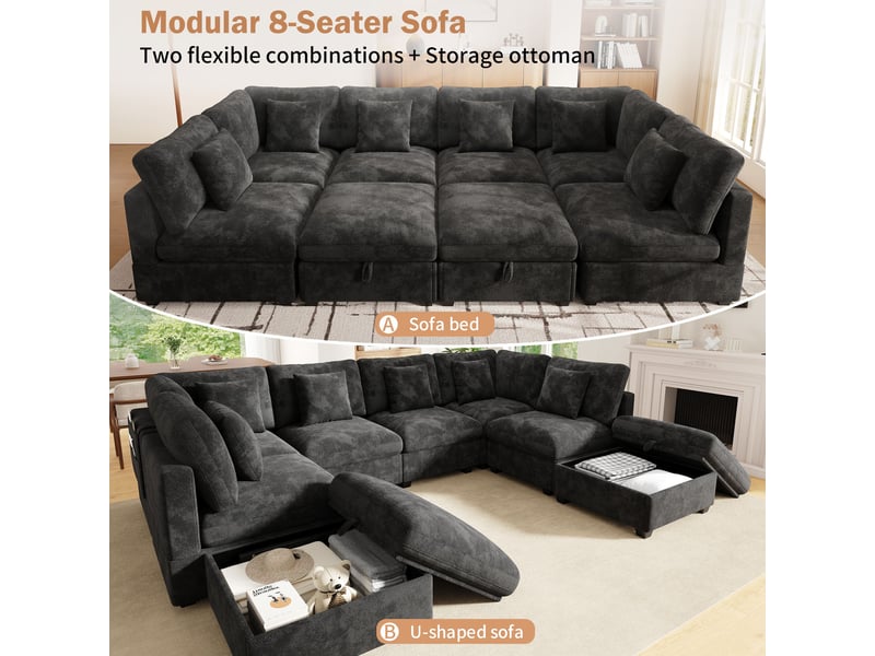  Canapé panoramique modulable 8 places 292x220x81 cm, couchage d'appoint, 2 poufs avec rangement, poches latérales - gris  - Conforama D