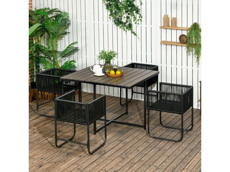 Salon de jardin 5 pièces en polyrotin, table à manger, 4 chaises, table d’appoint, balcon et jardin - Conforama B