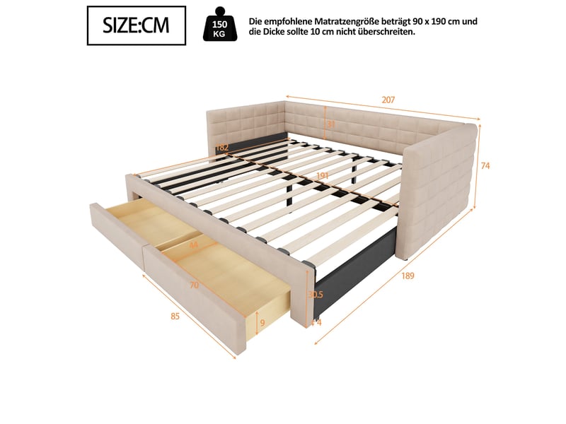Lit coffre 3en1 90180x190cm - canapé lit escamotable + 2 tiroirs + latttes - lin - beige CozyNest - Conforama D