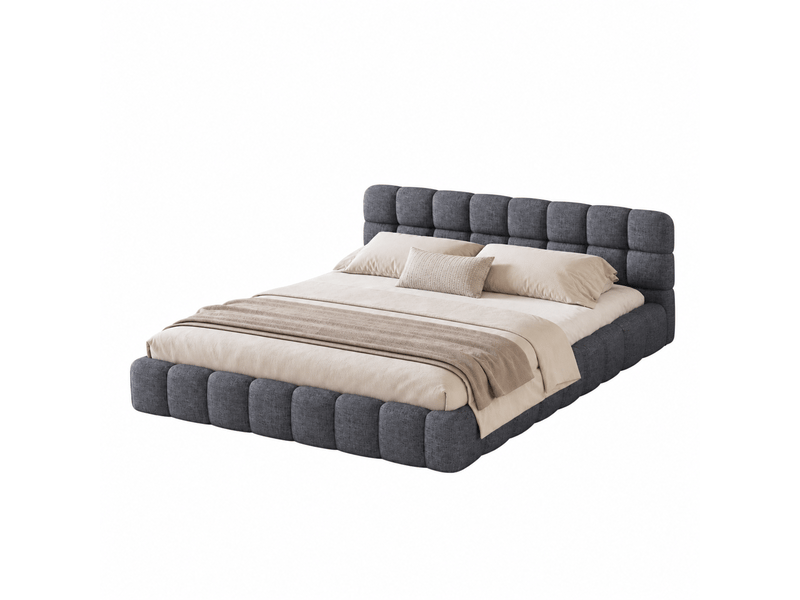  Lit à bulles rembourré 140 x 190 cm, lit double rembourré pour adolescent avec sommier à lattes et tête de lit rembourrée, lit plat pour adulte, lin, gris, sans matelas  - Conforama A