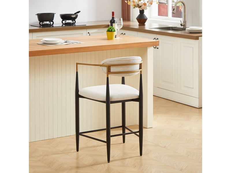 Tabouret de bar lot de 2 avec accoudoirs, dossier rembourré et pieds réglables, en tissu beige, noir et doré - Conforama D