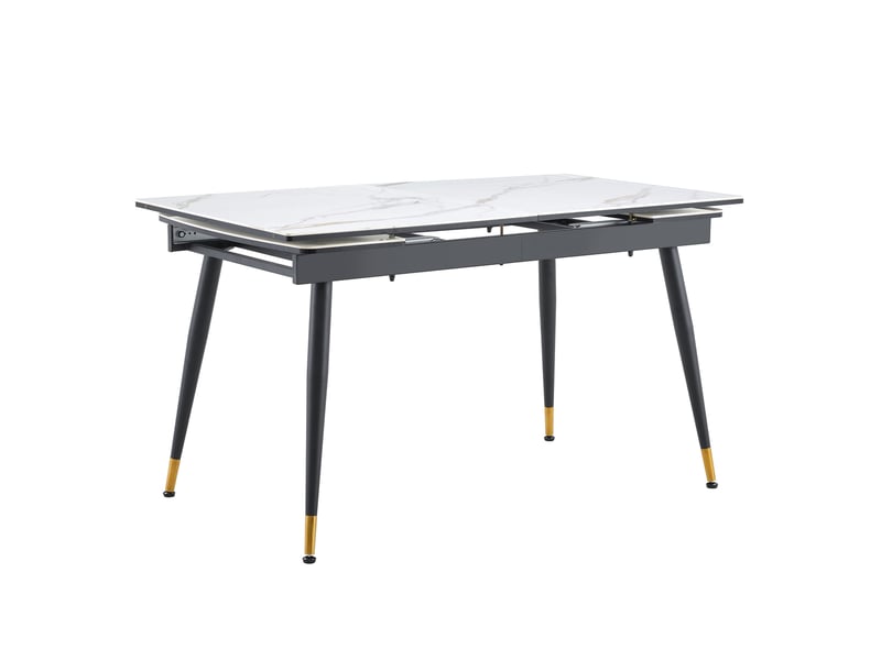 Table repas extensible, table à manger moderne, 140-200 cm, plateau blanc effet marbre, métal noir, détails dorés - Conforama A
