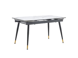 Table repas extensible, table à manger moderne, 140-200 cm, plateau blanc effet marbre, métal noir, détails dorés