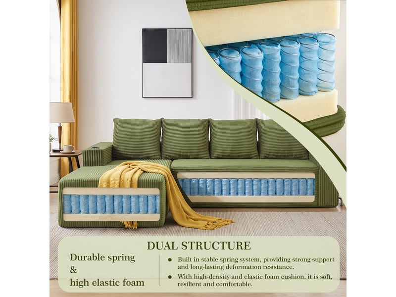 Canapé d’angle modulable 4 places en l, méridienne droite, porte-gobelets, poches de rangement, velours côtelé vert, sans montage, 261 x 168 x 58 cm - Conforama E