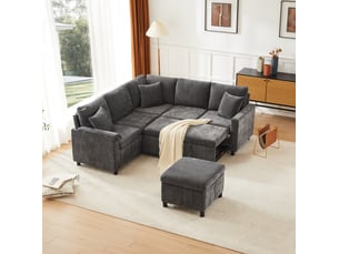 Canapé d'angle réversible fixe <strong>HAVRYA</strong> <strong></strong> 4 places Tissu gris avec coffre de rangement