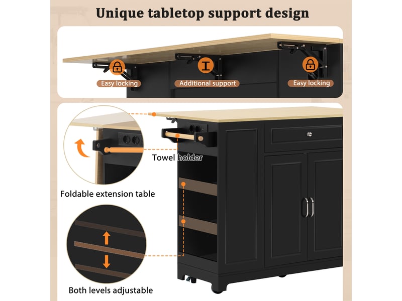 Desserte de cuisine à roulettes avec plan rabattable, prises et bac à déchets, pour cuisine en mdf 131,8×40-70×93,3 cm - Conforama E