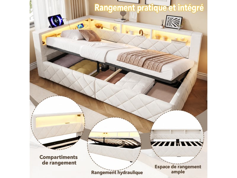  Lit 90 x 200 cm avec coffre de rangement, led, usb, lin beige, sans matelas  - Conforama E