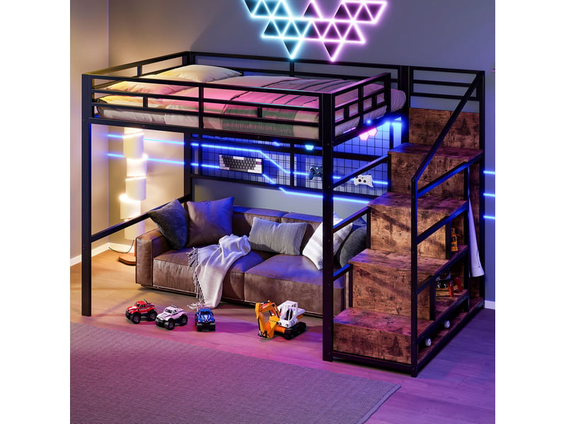  Lit mezzanine 140x200 cm, armoire-échelle, espace dessous libre, led 7 couleurs, métal noir, sans matelas  - Conforama W