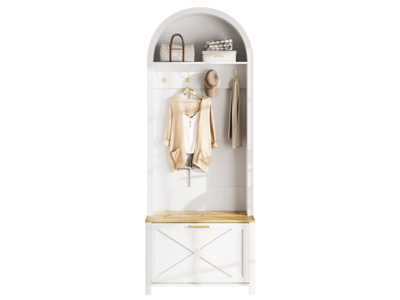 Porte-manteau d'entrée multifonction avec rack à chaussures et crochets – mdf durable, pieds en fer, design moderne  - Conforama A