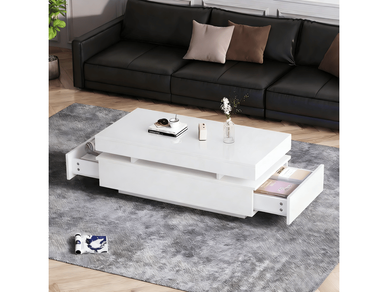 Table basse 100x50x35 cm blanche brillante avec 2 tiroirs et éclairage led  - Conforama D
