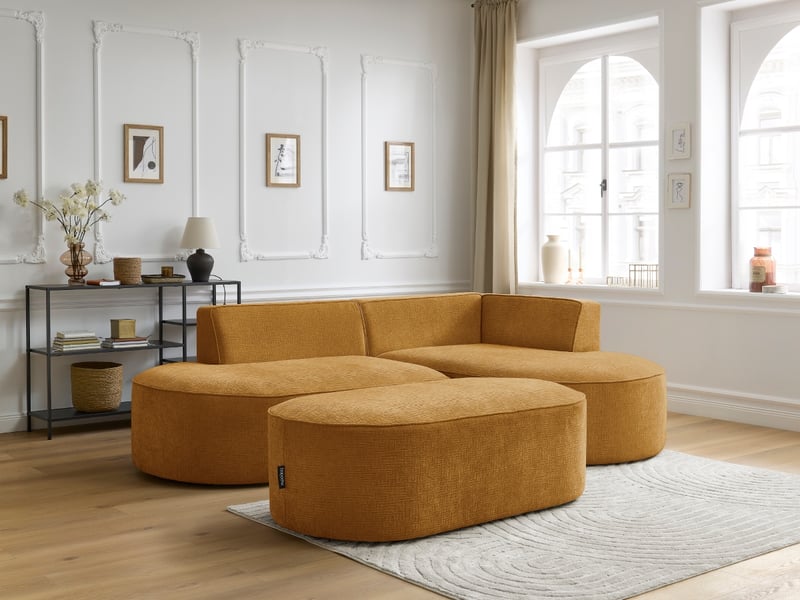 Bobochic canapé d'angle fixe rousseau tissu texturé avec pouf jaune  angle droit ROUSSEAU - Conforama C