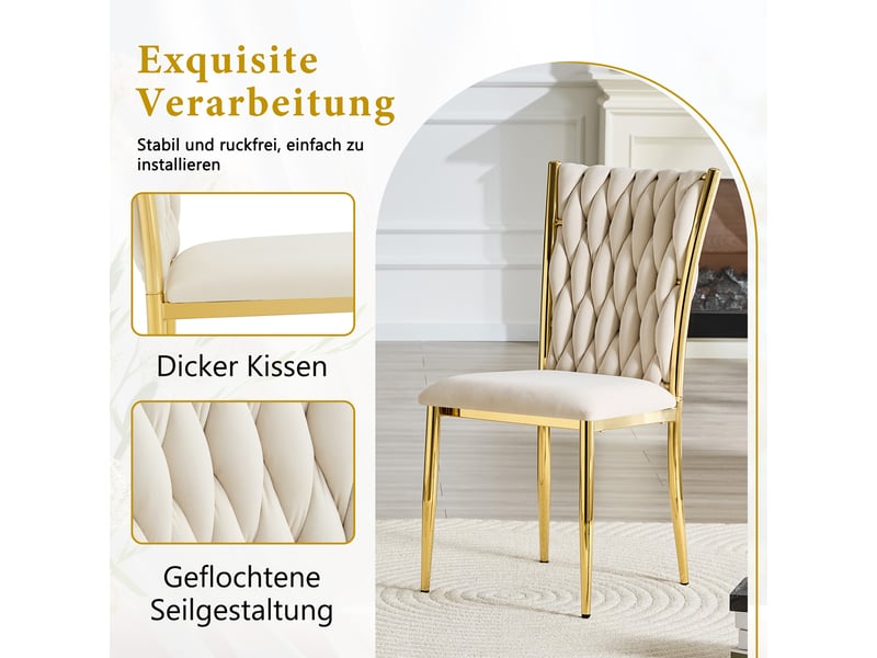 Chaise de salle à manger avec dossier tressé et assise rembourrée  - velours métal - beige et or  - Conforama E