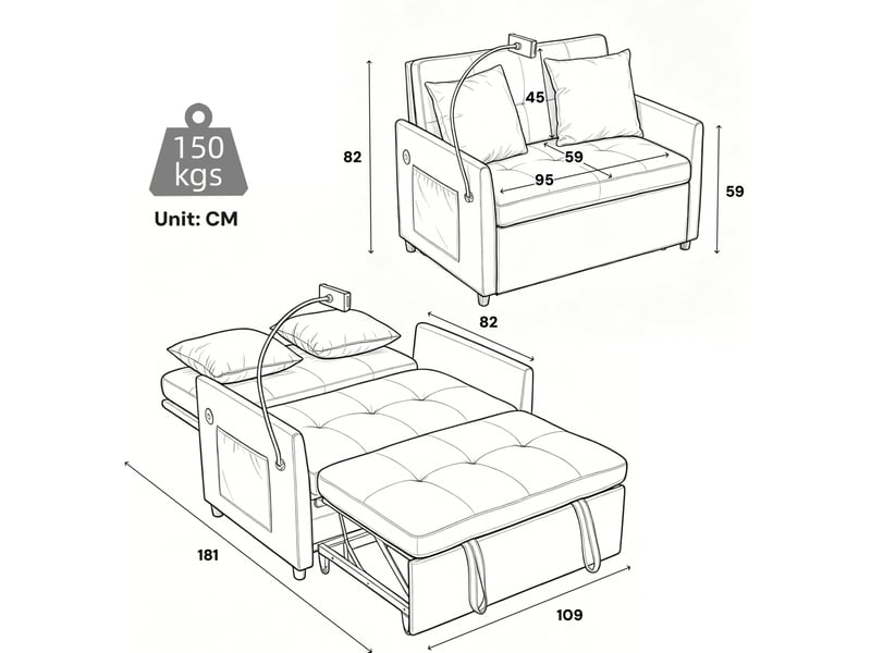  Canapé convertible modenvie 1 place gris en tissu effet lin avec port usb et support tablette  - Conforama C