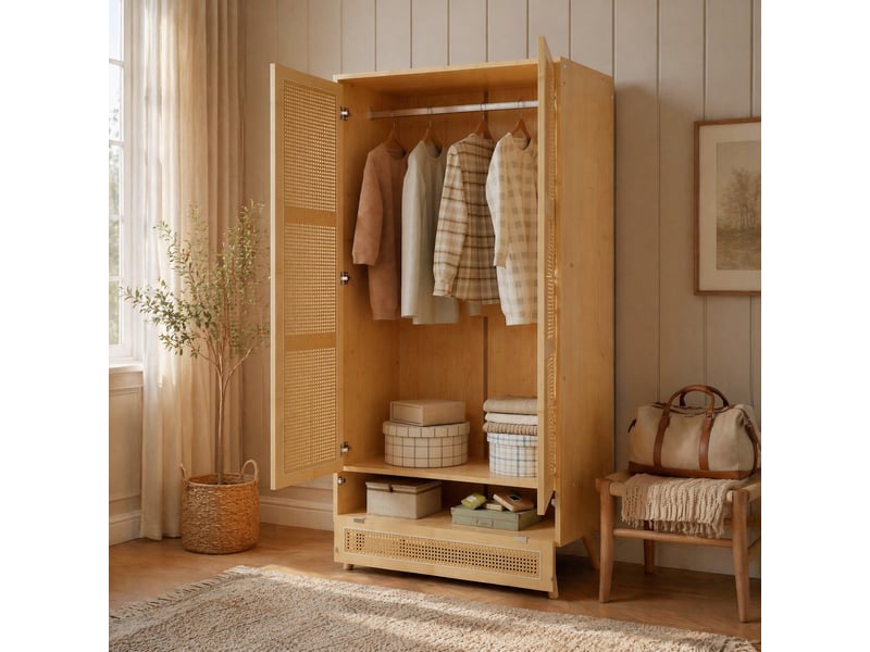  Armoire 2 portes avec penderie et coffre bas rabattable pour chambre ou salon, coloris naturel, 90 × 45 × 183 cm  - Conforama D