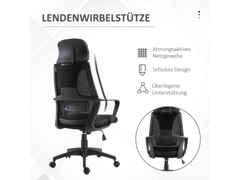  Chaise de bureau ergonomique en mesh noir, appui-tête, soutien lombaire, accoudoirs, inclinable  - Conforama D