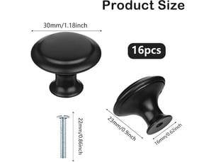 Set de 16 poignées rondes noires de 30 mm, poignées pour tiroirs de cuisine et commodes avec vis de fixation