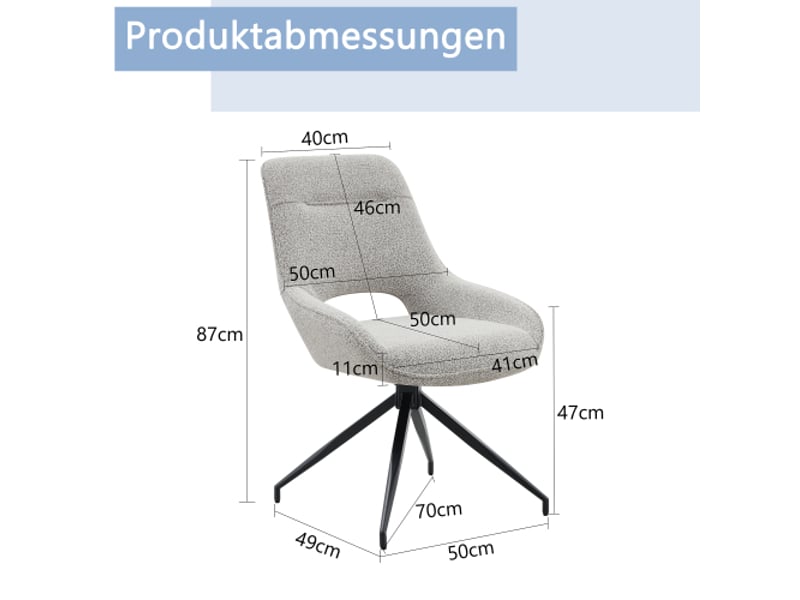  Ensemble de 2 chaises pivotantes 360°, tissu beige-gris, cadre métal noir à 4 pieds - salle à manger moderne  - Conforama C