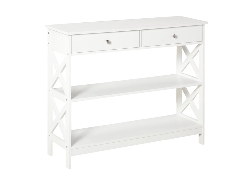  Table de console table d'entrée style table de drapier néo-rétro 2 tiroirs 2 étagères en bois blanc dim. 100l x 30,5l x 80h cm  - Conforama B
