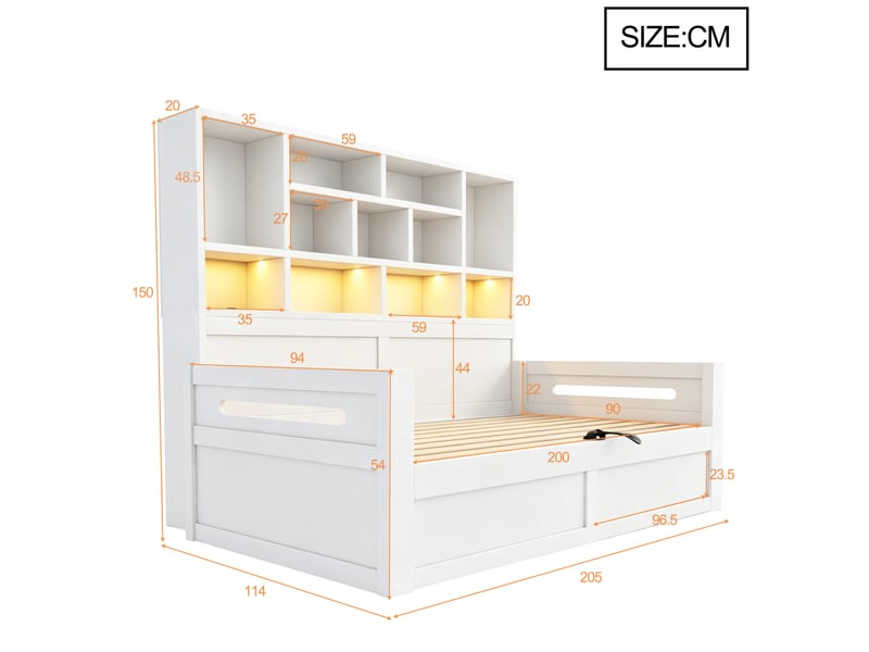  Lit 1 place 90x200 cm blanc en mdf avec rangement hydraulique, led et prises, tête de lit bibliothèque, sans matelas  - Conforama C