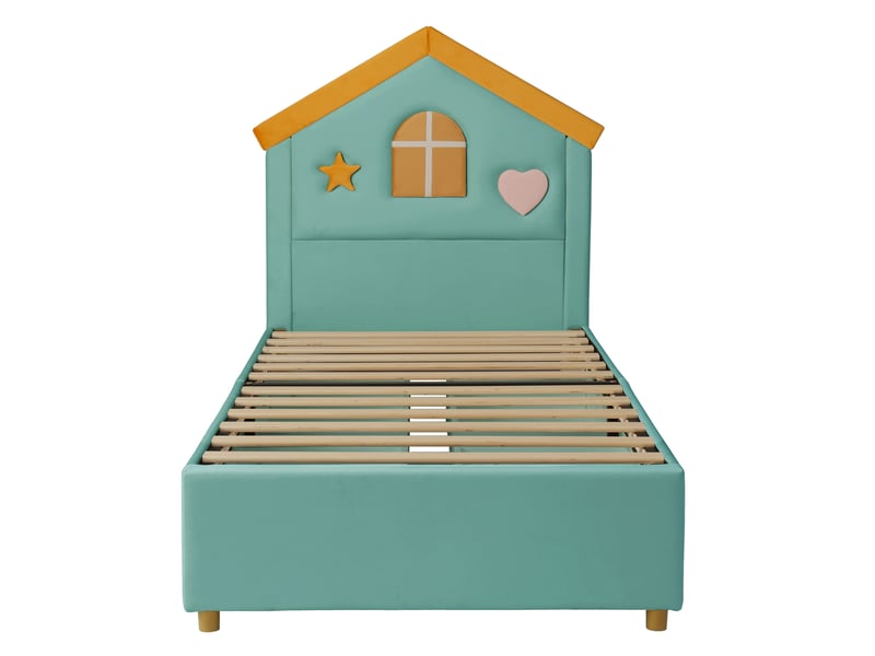  Lit cabane enfant 90x200 cm – vert – 4 tiroirs de rangement et tête de lit rembourrée en velours  - Conforama D
