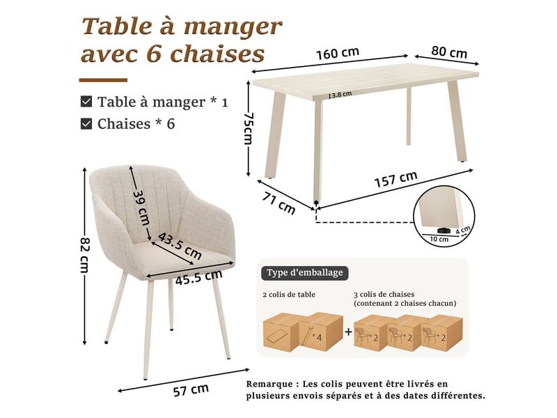  Ensemble table et 6 chaises - table rectangulaire 160x80 cm monobloc en travertin et pieds métal, 6 chaises en tissu beige et pieds en métal blanc  - Conforama C