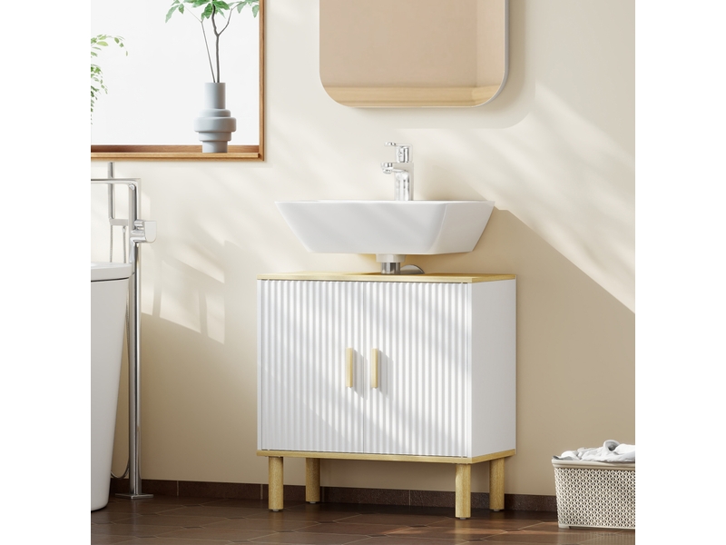  Meuble sous-évier avec étagère réglable, sans colonne, portes rainurées, 60 x 30 x 61 cm, blanc  - Conforama D