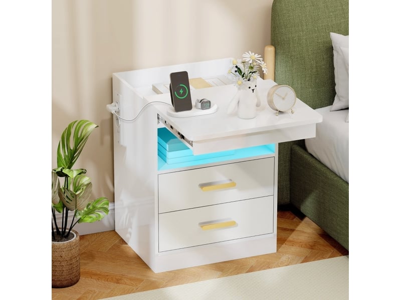  Table de chevet avec 2 tiroirs, prises et led rgb 45x40x59 cm blanc brillant  - Conforama B