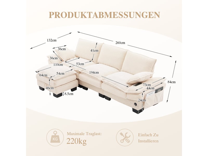Canapé d'angle réversible fixe 3 places tissu beige - Conforama C